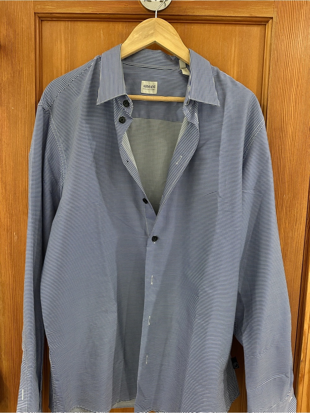 Armani Collezioni Men's Navy and White Micro-Striped Dress Shirt